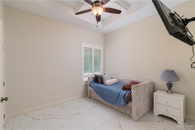 bedroom with light marble finish floors, baseboards, and ceiling fan