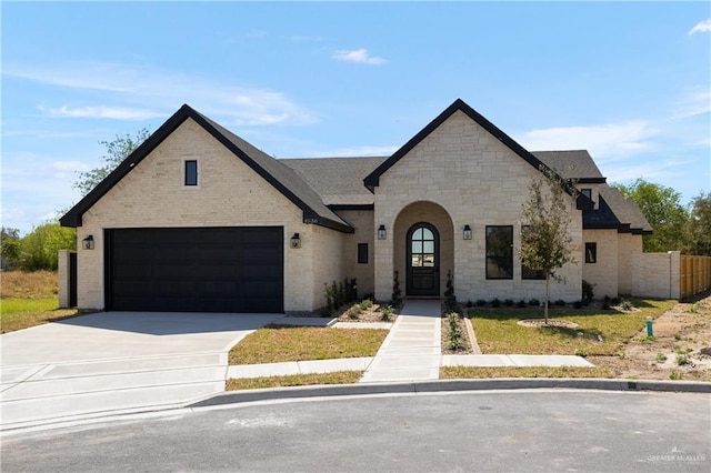 french country inspired facade featuring a garage, brick siding, driveway, and a shingled roof