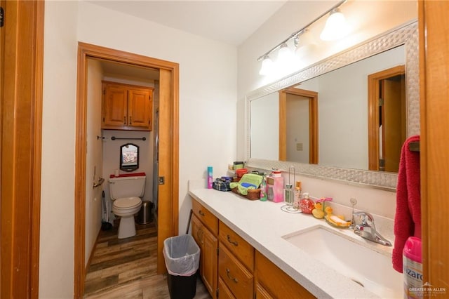 bathroom featuring vanity, wood-type flooring, and toilet