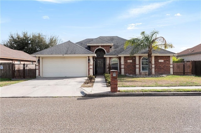 view of front of home with driveway, brick siding, an attached garage, fence, and a front yard