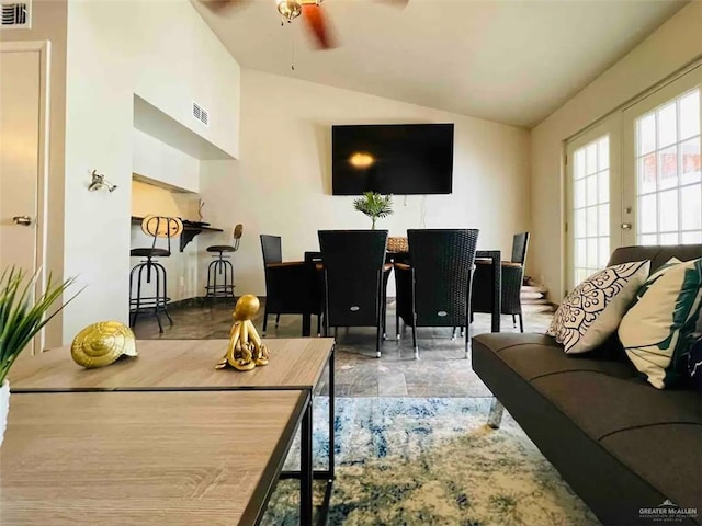 117B E Mezquite St, South Padre Island, TX 78597 - living room featuring lofted ceiling, a ceiling fan, and french doors