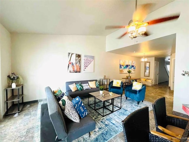 117B E Mezquite St, South Padre Island, TX 78597 - living area with ceiling fan, vaulted ceiling, and baseboards