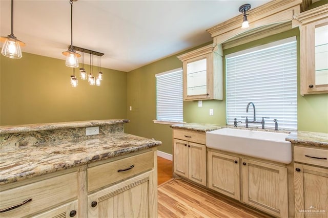 kitchen with pendant lighting, plenty of natural light, light hardwood / wood-style floors, and sink