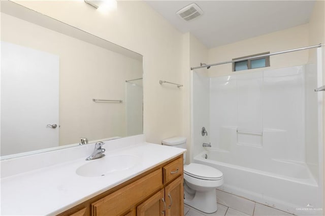 full bathroom with bathtub / shower combination, toilet, tile patterned flooring, vanity, and visible vents