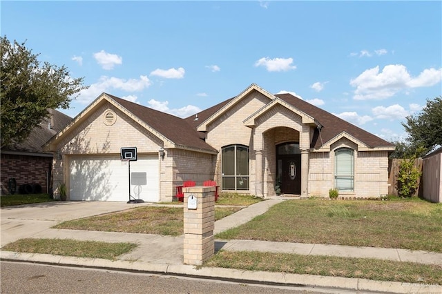 view of front of home featuring a front lawn and a garage