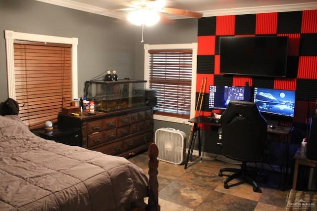 bedroom featuring ceiling fan and crown molding