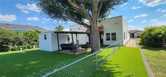 rear view of property with a lawn and a pergola