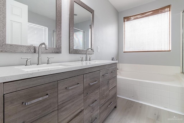 bathroom featuring double vanity, a garden tub, a sink, and wood finished floors