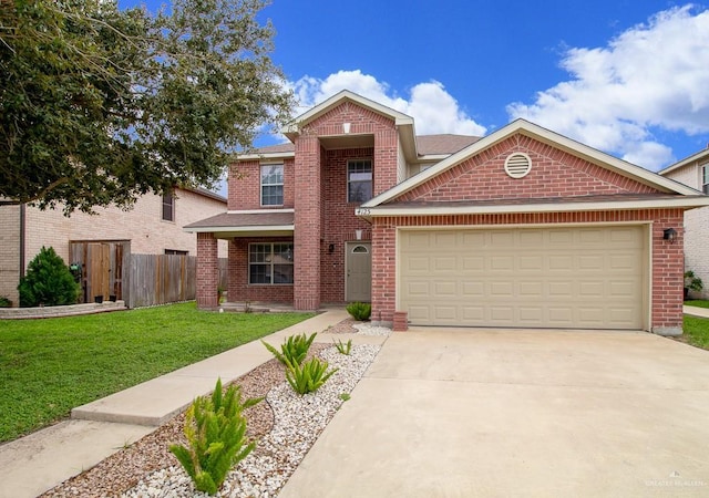 traditional-style home featuring brick siding, a front yard, fence, a garage, and driveway