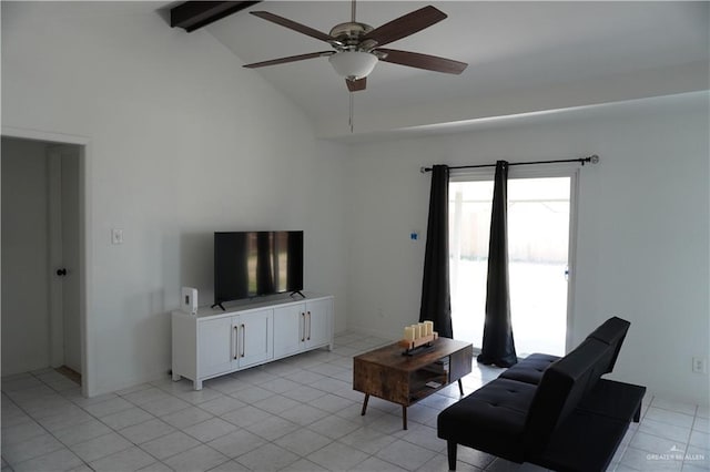 2405 Sundrop Ave, Mission, TX 78574 - living area with beam ceiling, ceiling fan, high vaulted ceiling, and light tile patterned flooring