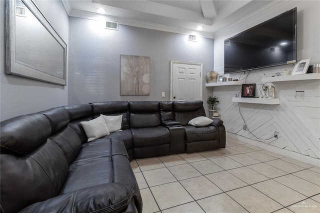 living room with light tile patterned floors and crown molding