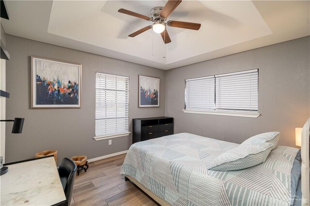 2105 Nightingale Ave W, Mcallen, TX 78504 - bedroom featuring light wood finished floors, a raised ceiling, multiple windows, and baseboards