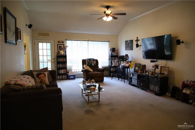 1811 Crown Pointe Blvd, Mission, TX 78572 - living room featuring carpet floors, a ceiling fan, vaulted ceiling, and a healthy amount of sunlight