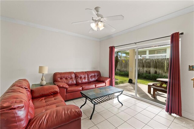 129 E Lantana St Unit 3, South Padre Island, TX 78597 - living room with a ceiling fan, crown molding, and light tile patterned flooring