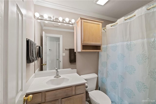 129 E Lantana St Unit 3, South Padre Island, TX 78597 - bathroom featuring ornamental molding, a shower with curtain, vanity, and toilet