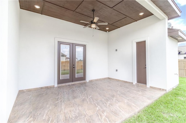 unfurnished room featuring ceiling fan, french doors, and recessed lighting