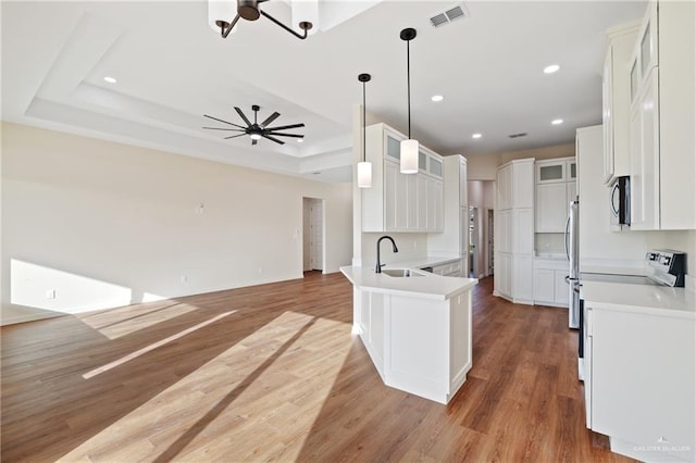 kitchen with visible vents, open floor plan, a tray ceiling, stainless steel appliances, and a sink