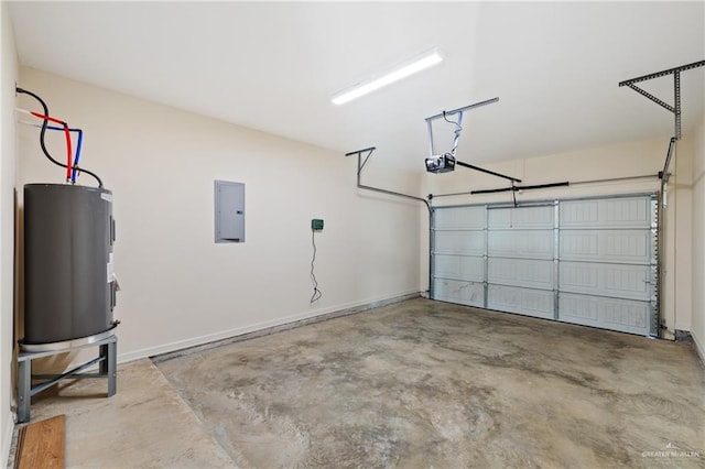 garage featuring water heater, baseboards, electric panel, and a garage door opener