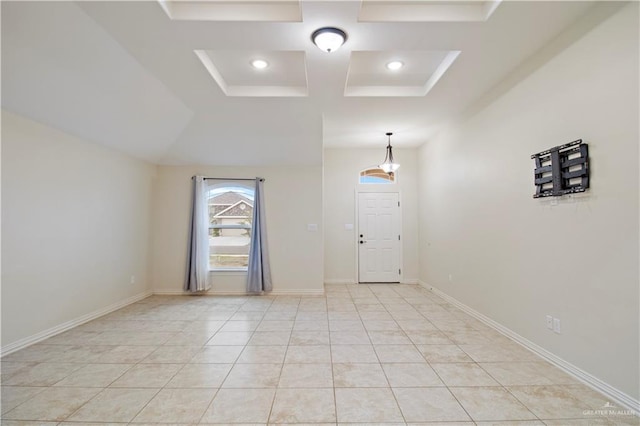 foyer featuring light tile patterned floors, recessed lighting, coffered ceiling, and baseboards