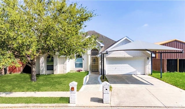 view of front of property featuring a garage and a front lawn