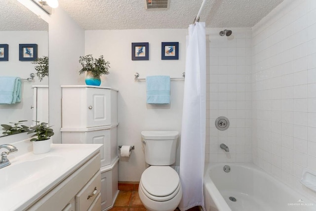 bathroom featuring visible vents, shower / bathtub combination with curtain, toilet, a textured ceiling, and vanity