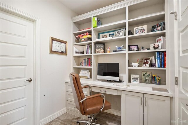 home office featuring built in desk and light hardwood / wood-style floors