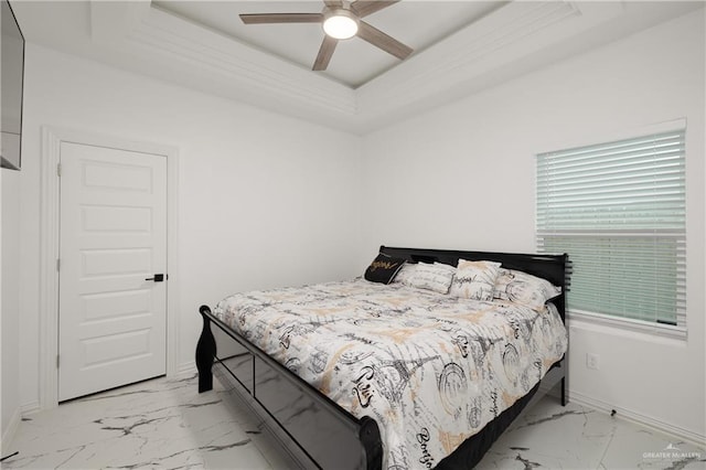 3100 Silver Oak Ave, Mission, TX 78574 - bedroom with light marble finish floors, a raised ceiling, a ceiling fan, and crown molding