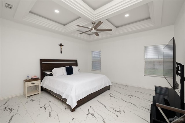 3100 Silver Oak Ave, Mission, TX 78574 - bedroom featuring marble finish flooring, ceiling fan, multiple windows, coffered ceiling, and beam ceiling