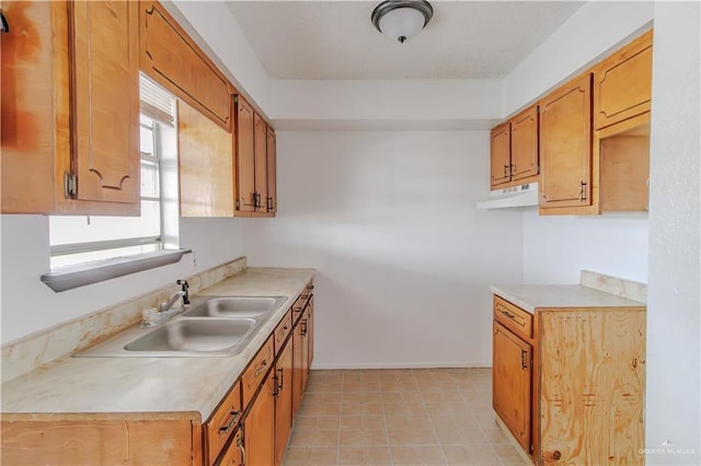 2095 La Palma Dr, San Benito, TX 78576 - kitchen with light countertops, a sink, brown cabinets, under cabinet range hood, and light floors