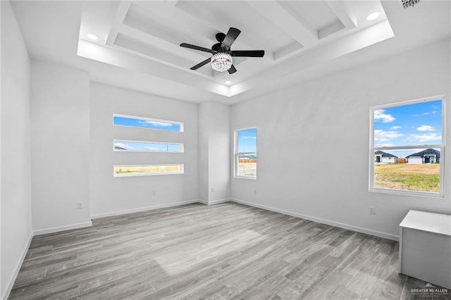 unfurnished room with a raised ceiling, ceiling fan, and light hardwood / wood-style floors