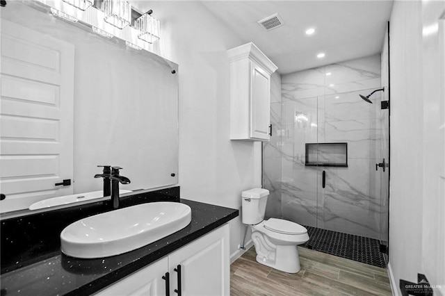 bathroom with vanity, walk in shower, and toilet