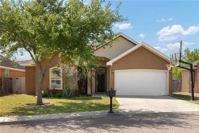 single story home with a garage, stucco siding, fence, and a front yard