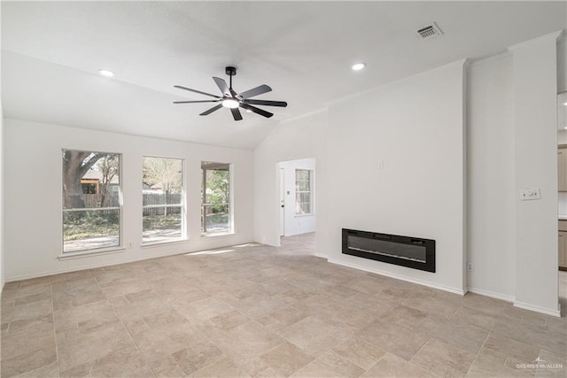 unfurnished living room with visible vents, a ceiling fan, a glass covered fireplace, baseboards, and vaulted ceiling