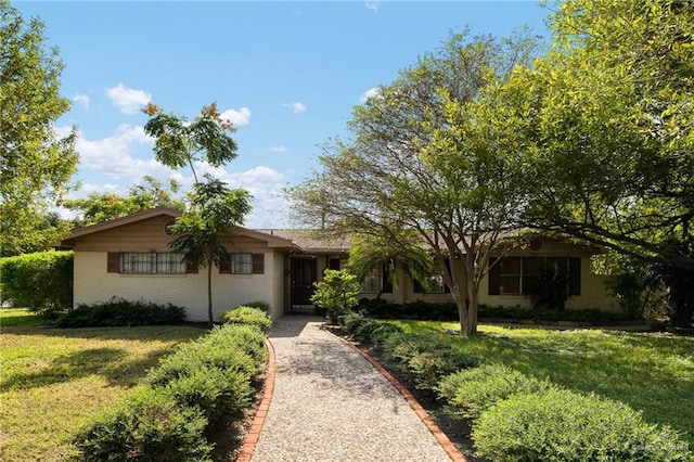 single story home featuring a front lawn