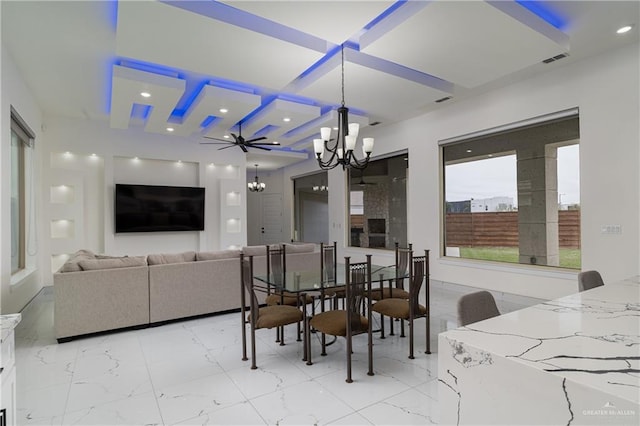 dining area with visible vents, coffered ceiling, marble finish floor, a chandelier, and recessed lighting