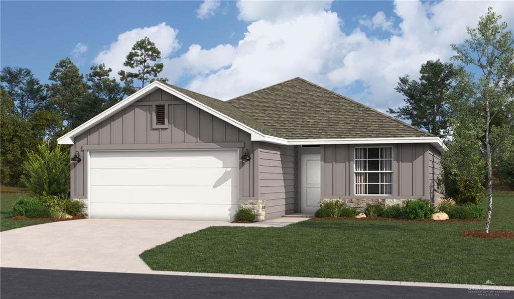 2217 Cardinal Dr, Weslaco, TX 78596 - view of front of property featuring board and batten siding, a shingled roof, a garage, concrete driveway, and a front yard
