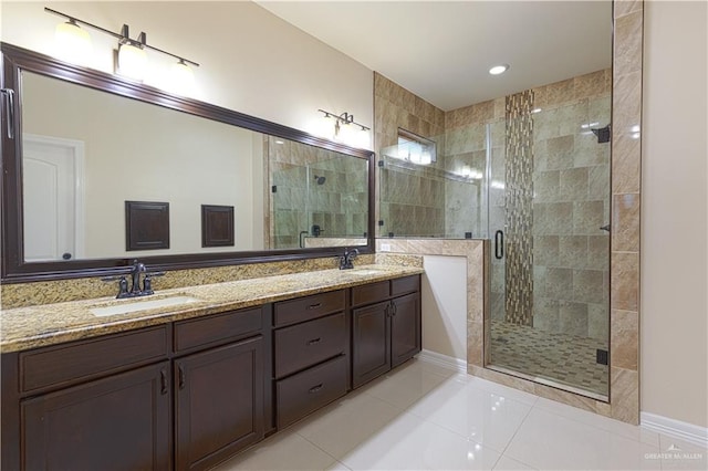 bathroom featuring tile patterned flooring, vanity, and walk in shower