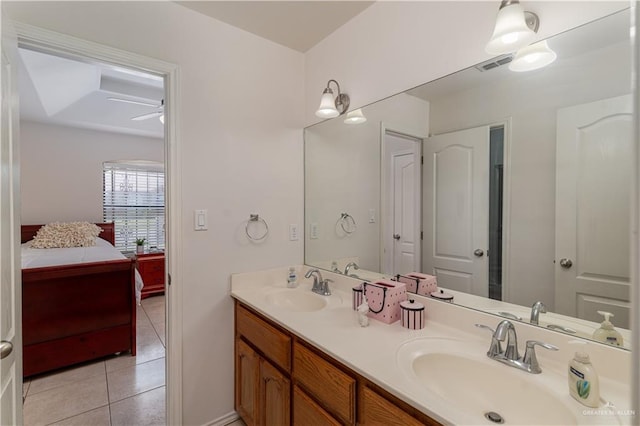 bathroom with vanity, tile patterned floors, and ceiling fan