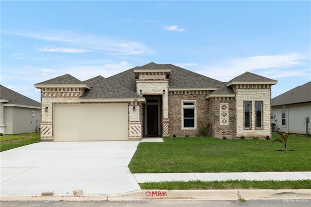 1606 Arden St, Mercedes, TX 78570 - prairie-style house with an attached garage, a front lawn, driveway, a shingled roof, and brick siding