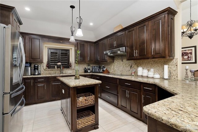 kitchen with pendant lighting, dark brown cabinets, and stainless steel fridge with ice dispenser