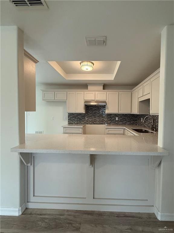 kitchen featuring visible vents, a peninsula, a sink, a tray ceiling, and backsplash