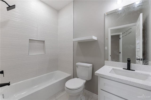 full bath featuring vanity, toilet, baseboards, and  shower combination
