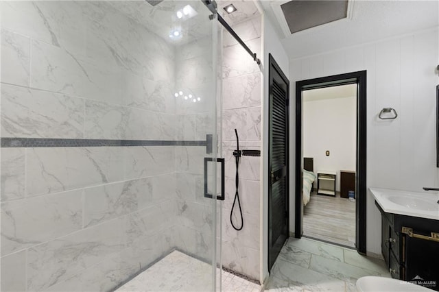 bathroom featuring vanity and walk in shower