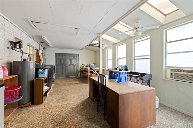 interior space with ceiling fan, cooling unit, brick wall, and water heater