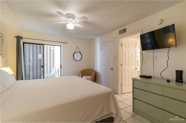 104 E Parade Dr Unit 12, South Padre Island, TX 78597 - tiled bedroom with connected bathroom and ceiling fan
