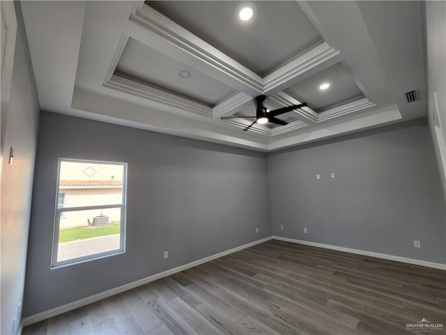 2838 Allen Dr, Edinburg, TX 78539 - unfurnished room with a ceiling fan, wood finished floors, baseboards, coffered ceiling, and beam ceiling