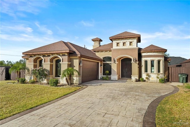 mediterranean / spanish home featuring a front yard and a garage