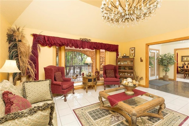 tiled living room with vaulted ceiling and a notable chandelier