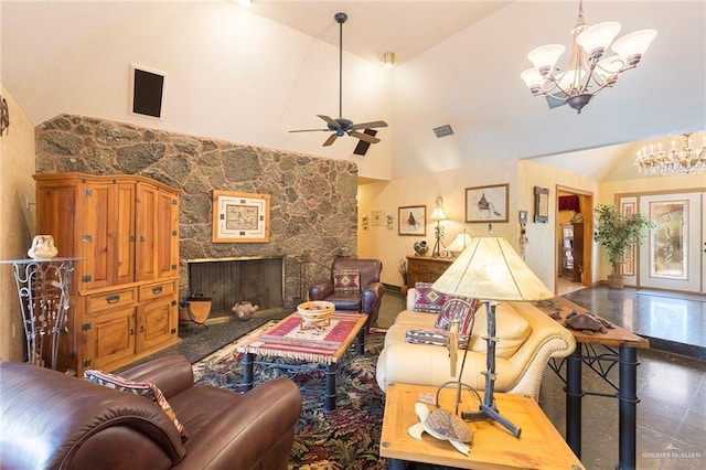 living room featuring a stone fireplace, ceiling fan with notable chandelier, and high vaulted ceiling