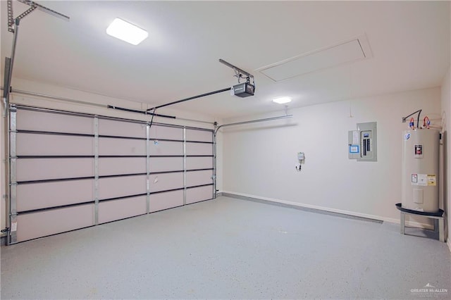 garage with a garage door opener, electric panel, water heater, and baseboards